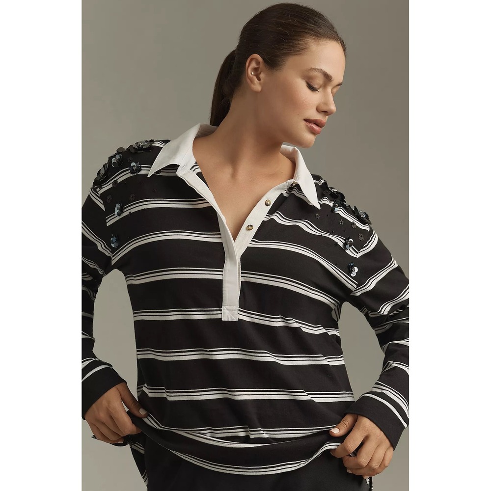 Maeve It Girl Polo Top Black White Striped Sequin Floral Rugby Shirt XXS